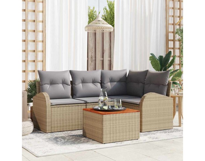 Sonata H 5 частен комплект градински диван с възглавници в бежов полиратан и акация