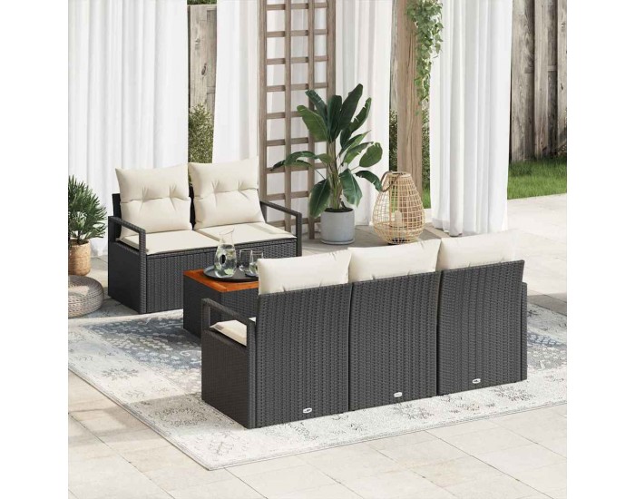 6-частен комплект градински диван с възглавници Черен Полипропилен Акация