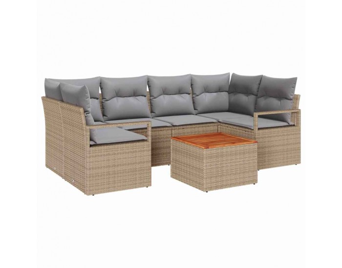 7-Частен Градински Сет с Възглавници Бежов Поли Ратан Акация