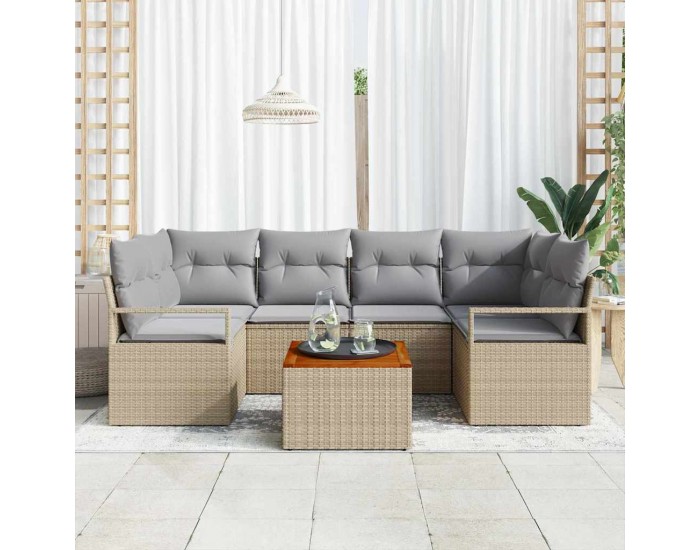 7-Частен Градински Сет с Възглавници Бежов Поли Ратан Акация