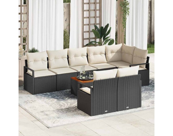 Комплект градински диван с 9 части с възглавници Черен полиратоан акация