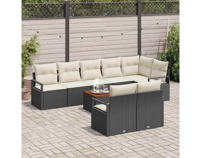 Комплект градински диван с 9 части с възглавници Черен полиратоан акация
