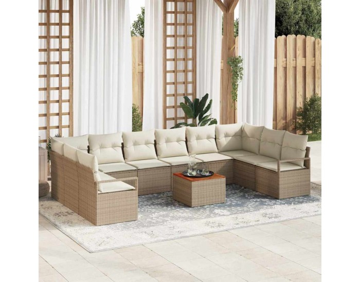 Sonata H 11 части градински диван комплект с възглавници бежов полирален ратан акация
