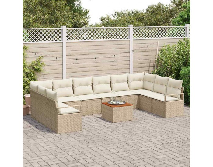 Sonata H 11 части градински диван комплект с възглавници бежов полирален ратан акация