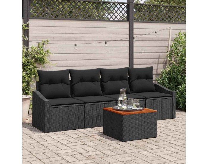 Sonata H 5 Частен Градински Диван Комплект с Възглавници Черен Полиратан Акация