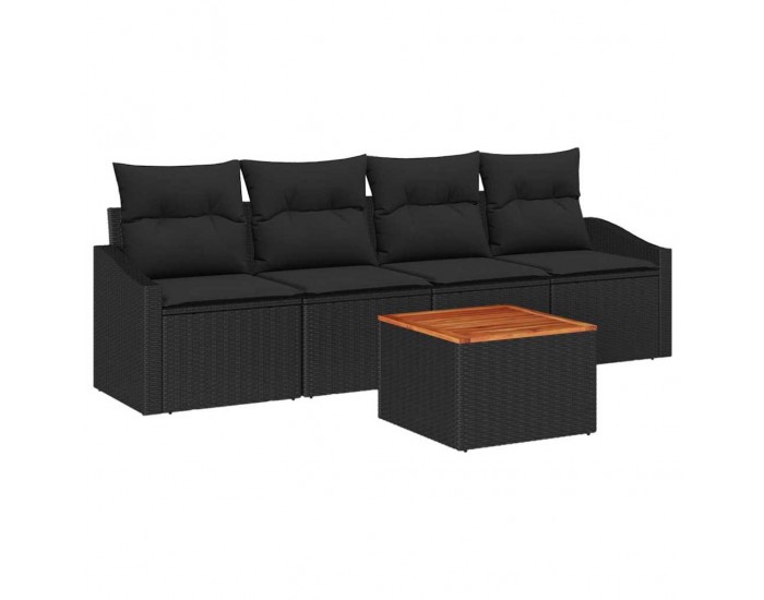 Sonata H 5 Частен Градински Диван Комплект с Възглавници Черен Полиратан Акация