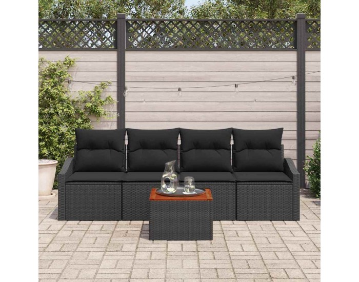 Sonata H 5 Частен Градински Диван Комплект с Възглавници Черен Полиратан Акация
