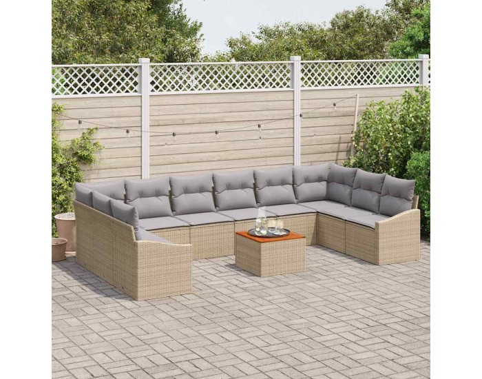 Sonata H 11-членен градински диван комплект с възглавници, бежов полиестерен ратан