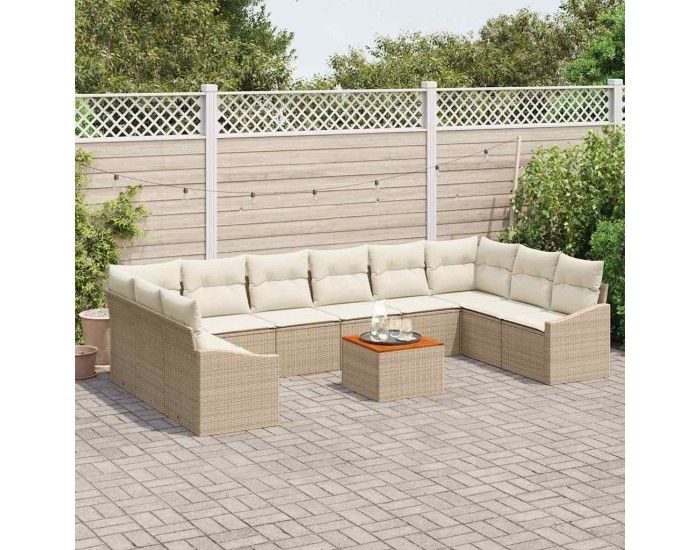 Sonata H 11 Часов Градински Диван Комплект с Възглавници Бежов Полиратан Акация