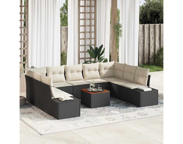 Sonata H 10-членен градински диван комплект с възглавници черен полиратан акация