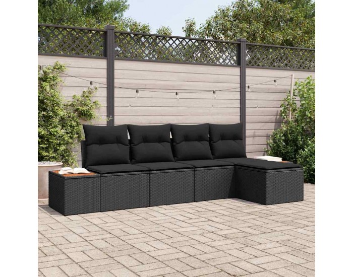 Sonata H 5 Частен Градински Диван Комплект с Възглавници Черен Полирадан Акация