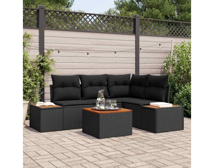 Sonata H 5 части градински диван комплект с възглавници Черен полиратан Акация