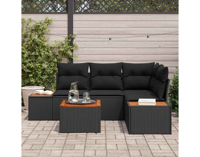 Sonata H 5 части градински диван комплект с възглавници Черен полиратан Акация