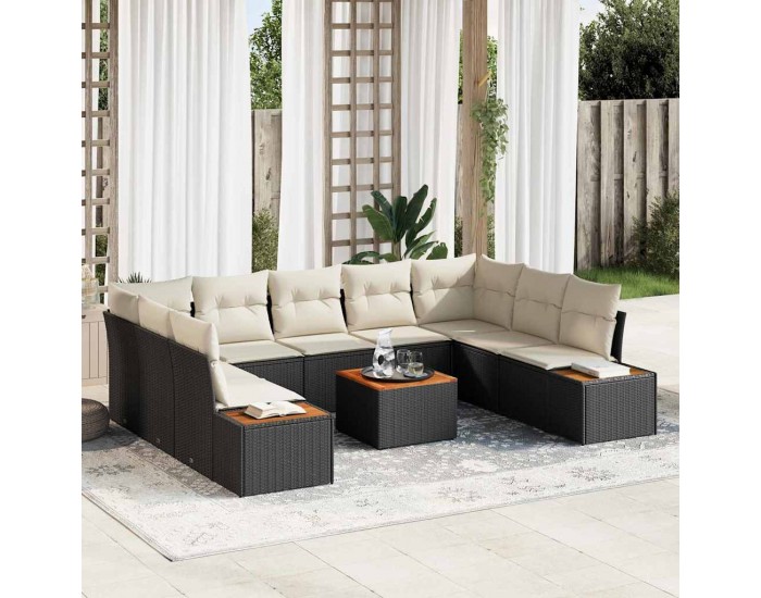 Sonata H 10 части комплект градински диван с възглавници, черен полиратан и акация