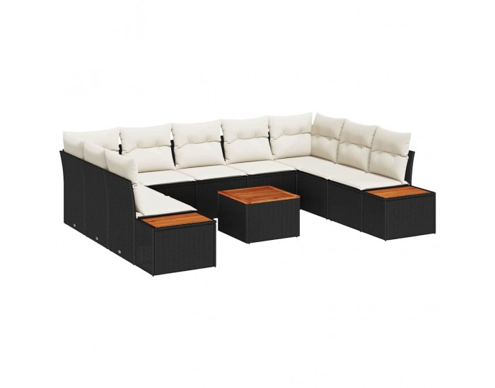 Sonata H 10 части комплект градински диван с възглавници, черен полиратан и акация