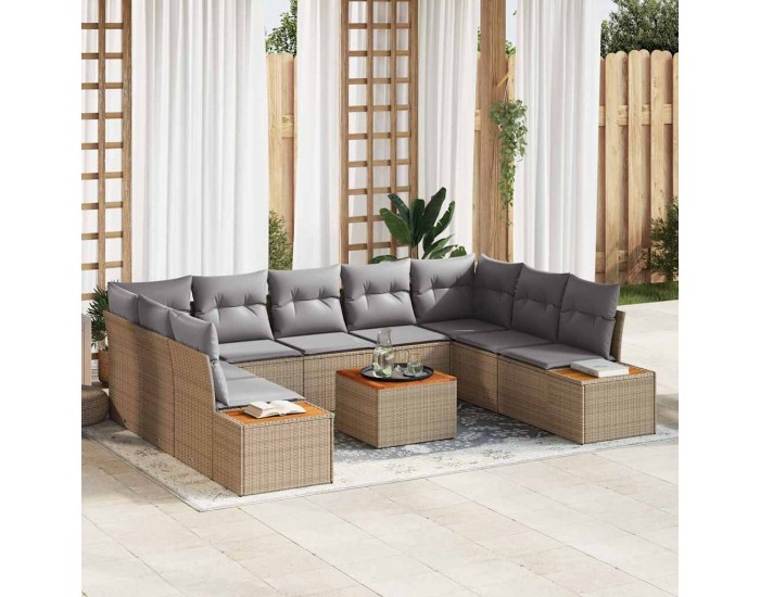 Sonata H 10-Частен Градински Сет с Възглавници – Бежева Полиротан и Акация