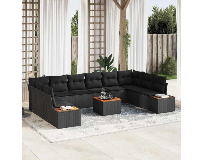 Sonata H 11 частен градински диван комплект с възглавници Черен полиратан Акация