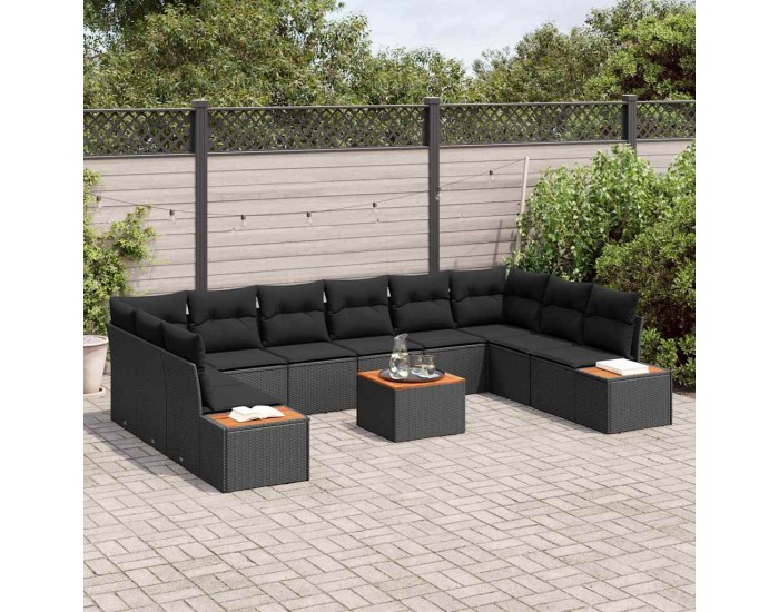 Sonata H 11 частен градински диван комплект с възглавници Черен полиратан Акация