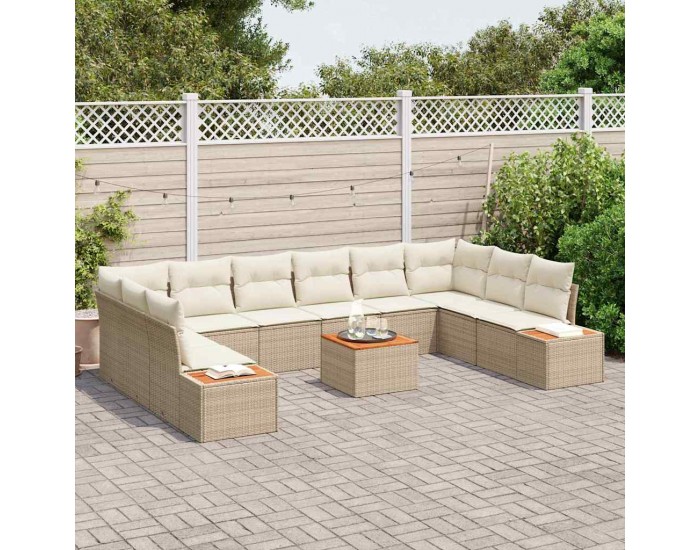 Sonata H 11 части градински диван комплект с възглавници Бежов Полиестерен ратан
