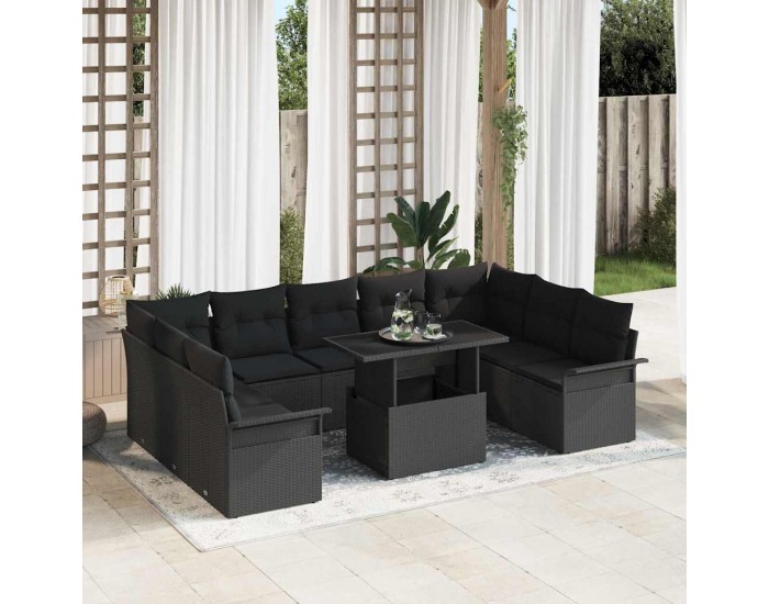 Sonata H 10 части градински диван комплект с възглавници Черен полиратан