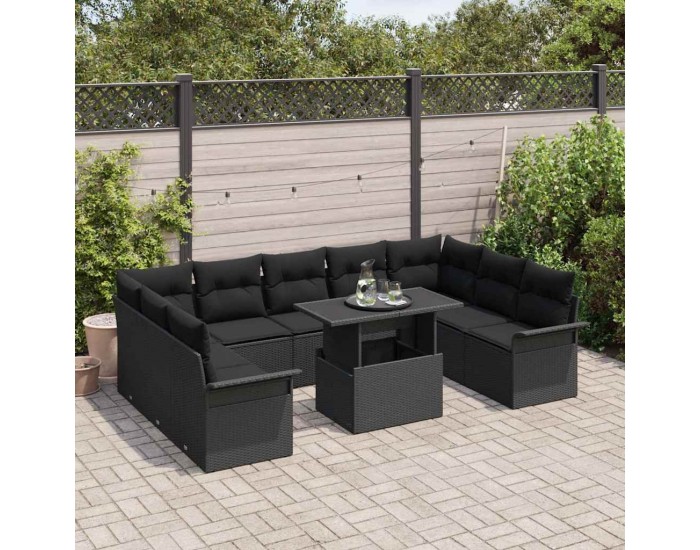 Sonata H 10 части градински диван комплект с възглавници Черен полиратан
