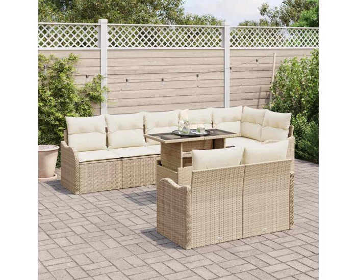 Комплект от 9 части градински дивани с възглавници Бежов Полиестер