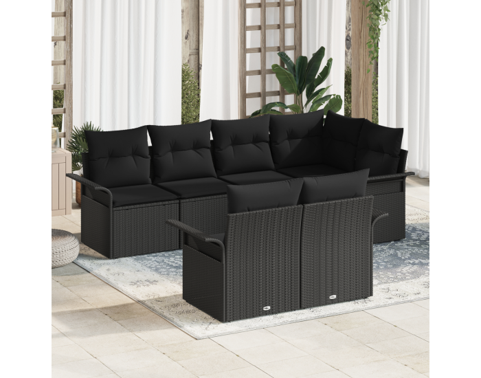 Комплект от 7 части градински диван с възглавници черен полиратан
