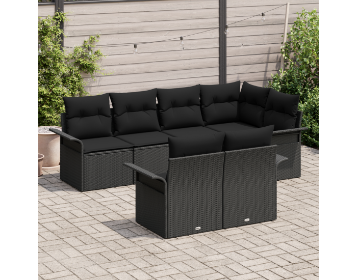 Комплект от 7 части градински диван с възглавници черен полиратан