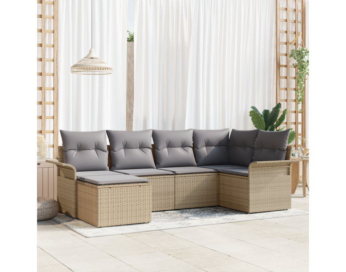 Сет от 6 части за градински диван с възглавници бежов полиратан