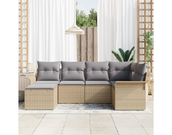 Сет от 6 части за градински диван с възглавници бежов полиратан