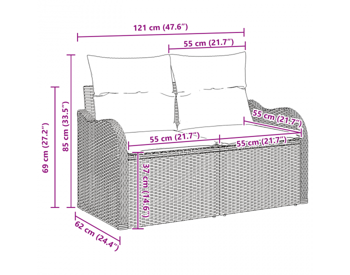 Sonata H 3 Частен Градински Диван С Възглавници Светлосив Полиестерен Ратан