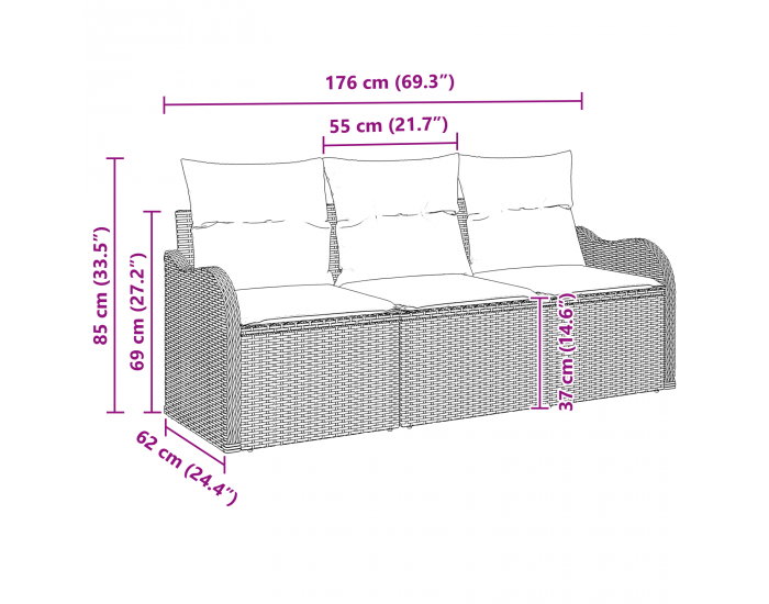 Sonata H 3 Частен Градински Диван С Възглавници Светлосив Полиестерен Ратан