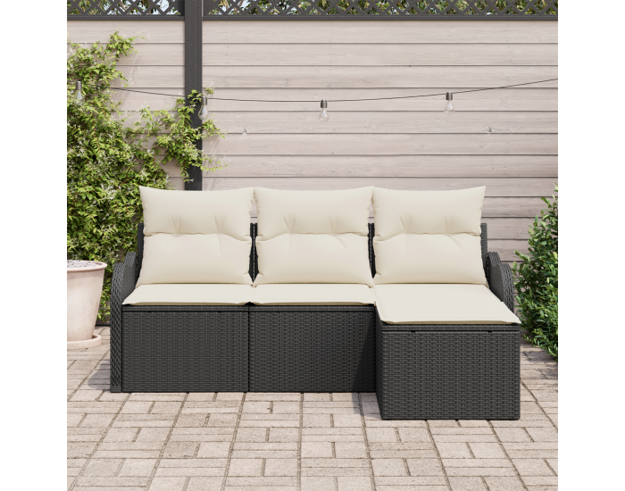 Sonata H 4-човечен Градински Диван Комплект с Възглавници Черен Полиратан