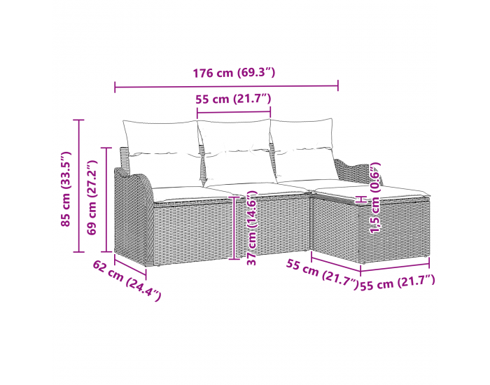 Sonata H 4-човечен Градински Диван Комплект с Възглавници Черен Полиратан