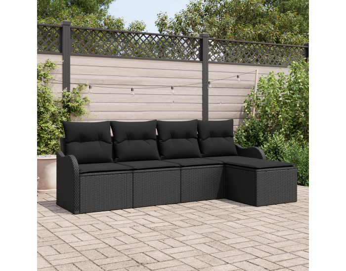 Sonata H 5 Часов Градински Диван Комплект с Възглавници Черен Полиратан