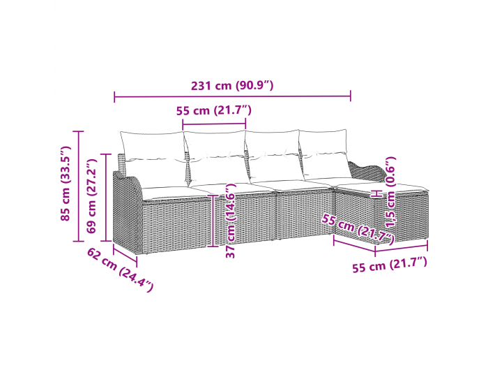 Sonata H 5 Часов Градински Диван Комплект с Възглавници Черен Полиратан