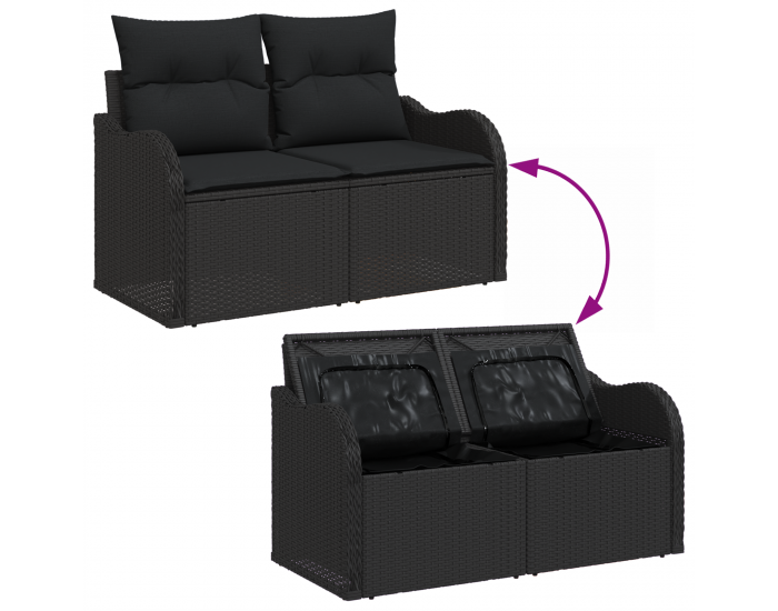 Sonata H 5 Часов Градински Диван Комплект с Възглавници Черен Полиратан