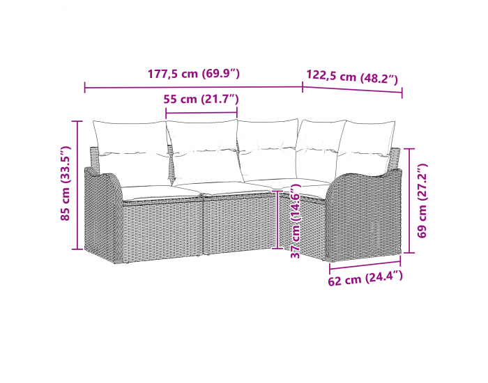 Sonata H 4 Частен Градински Диван Комплект с Възглавници Светлосиво Полиратан