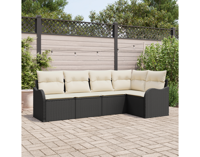 5 Часов Диван Комплект с Възглавници Черен Полиратан