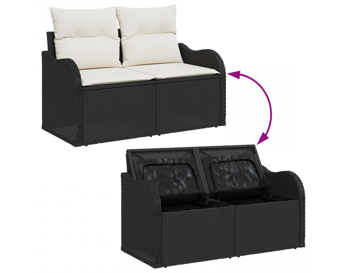 5 Часов Диван Комплект с Възглавници Черен Полиратан