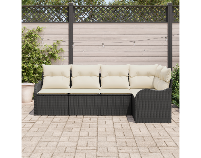 5 Часов Диван Комплект с Възглавници Черен Полиратан