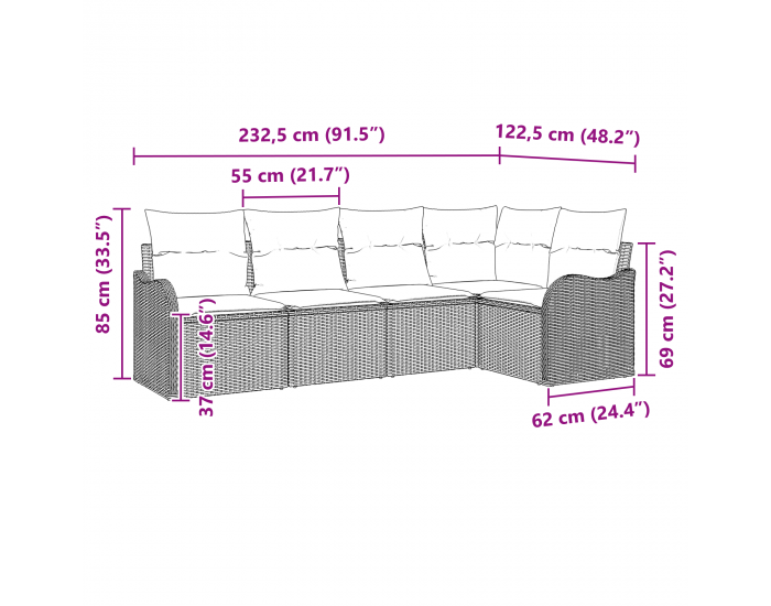 5 частен комплект градински диван с възглавници бежов полиестерен ратан