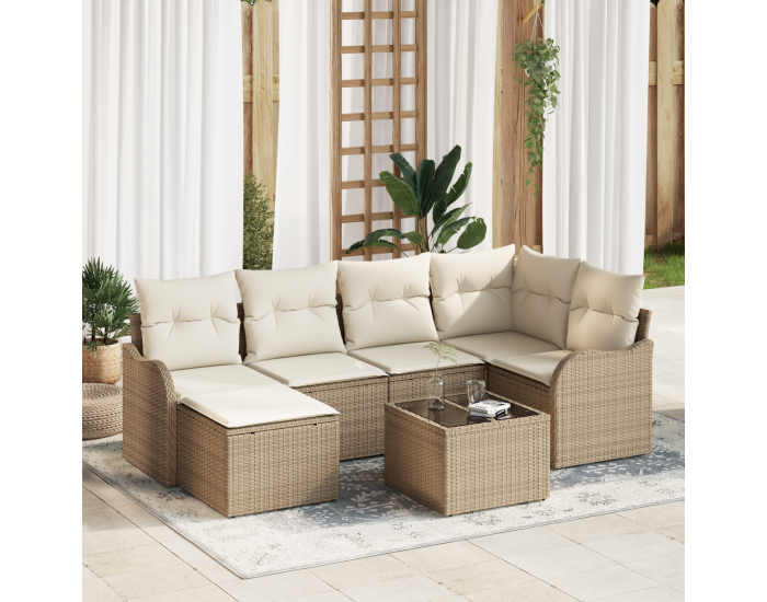 Комплект от 7 части дивани за градина с възглавници, кафяв полиратан