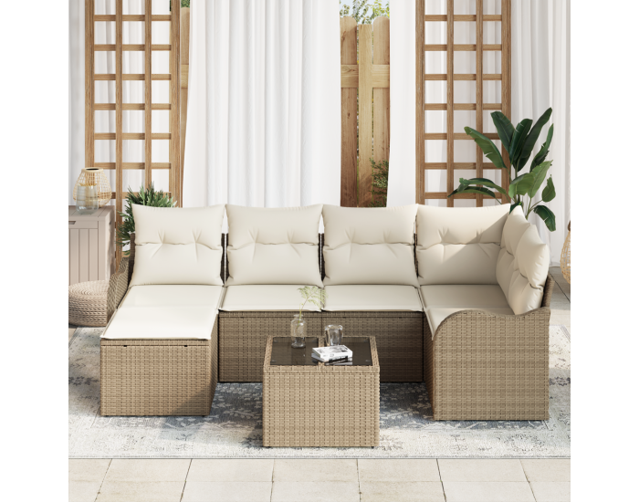 Комплект от 7 части дивани за градина с възглавници, кафяв полиратан