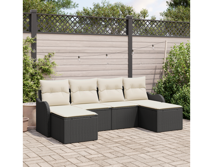 6 частен комплект градински диван с възглавници Черен поли ратан