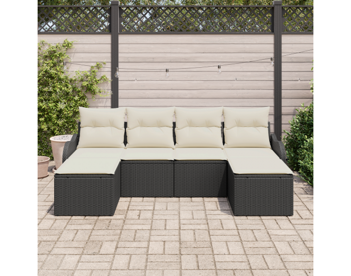 6 частен комплект градински диван с възглавници Черен поли ратан