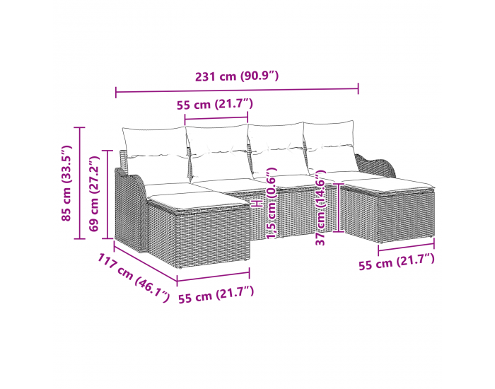 6 частен комплект градински диван с възглавници Черен поли ратан