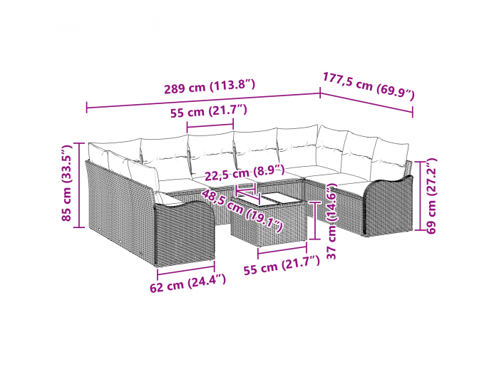 Sonata H 10 части комплект градински дивани с възглавници светлосив полиратиан