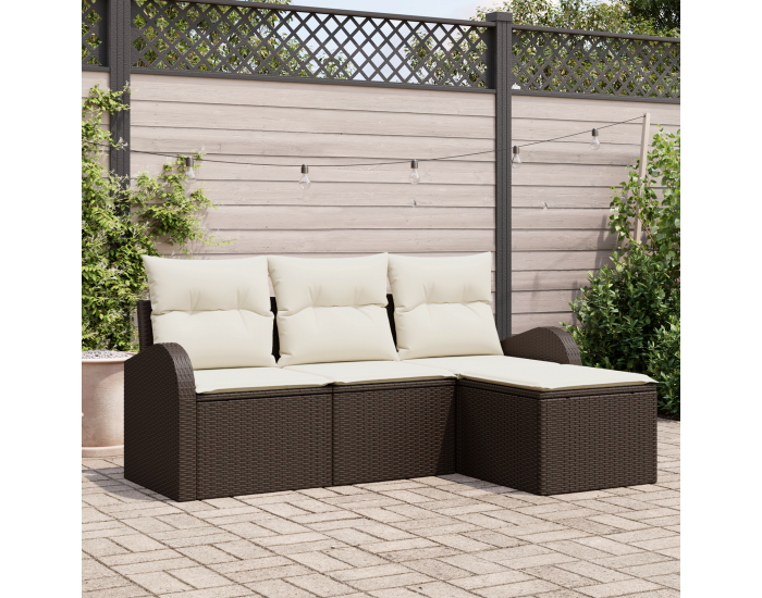 Sonata H 4 Частен Градински Диван Комплект с Възглавници Кафяв Полирано Ратан