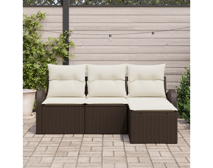 Sonata H 4 Частен Градински Диван Комплект с Възглавници Кафяв Полирано Ратан